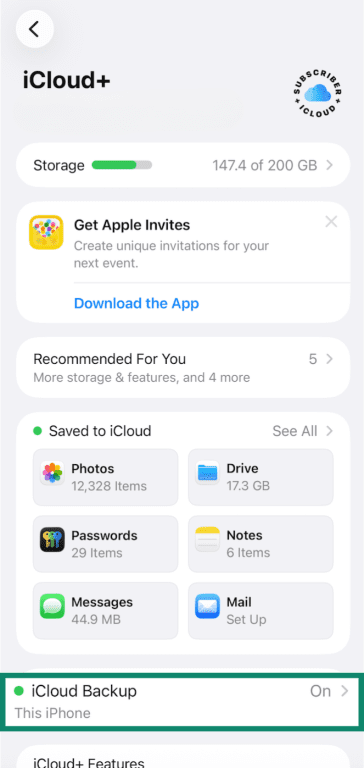 iPhone iCloud Settings with iCloud Backup highlighted.