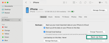 iPhone section on Mac Finder app with Back Up Now button highlighted.