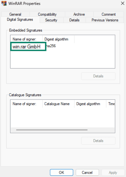 WinRAR properties menu Digital Signatures tab