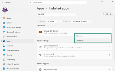 Windows Installed apps menu with WinRAR's Uninstall option highlighted