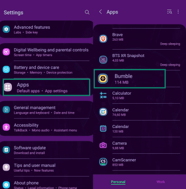 Android Settings screen with the “Apps” and "Bumble" menu items highlighted.