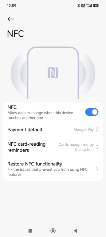 The Android NFC settings page with the feature enabled.