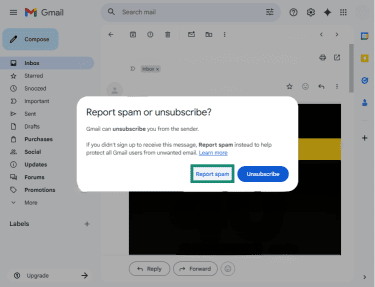 Gmail web app with a prompt asking the reader to report an email as spam or unsubscribe from the sender