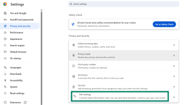 In the Chrome Privacy and security menu, the Site settings option is highlighted.