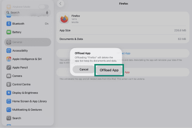 Offload app confirmation message on iPad.