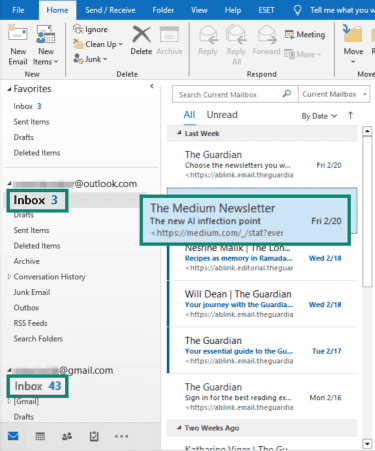 "Inbox" options highlighted for both the Outlook and Gmail email addresses, and an email from the Outlook address.