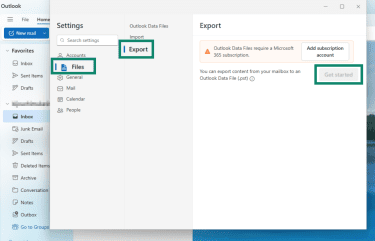 "Files" and "Export" options highlighted in the Outlook settings on Windows 11.