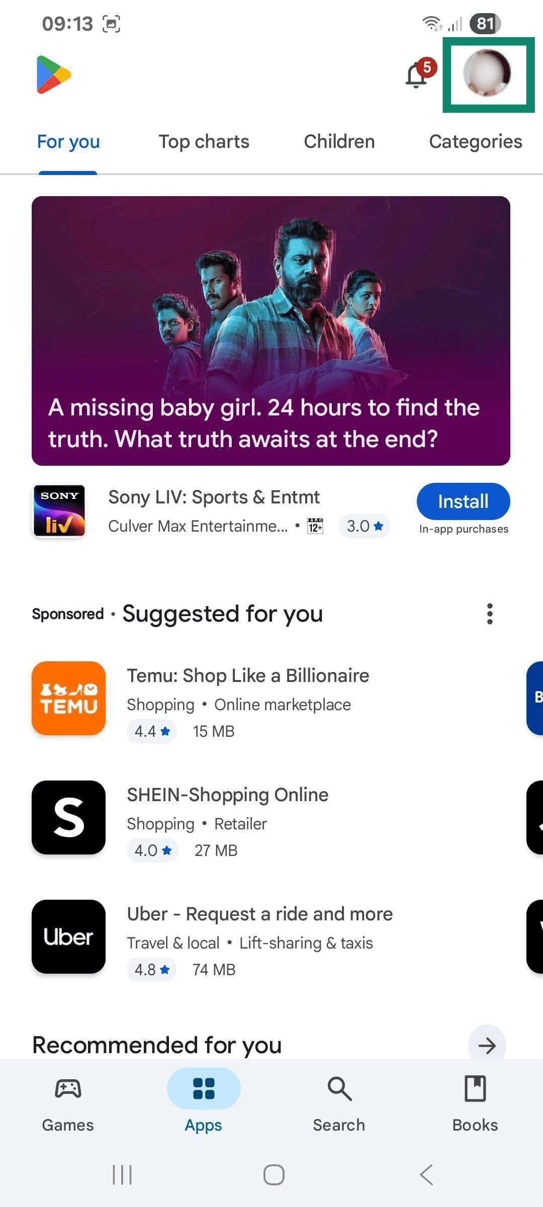 Selecting your profile icon in the Play Store.