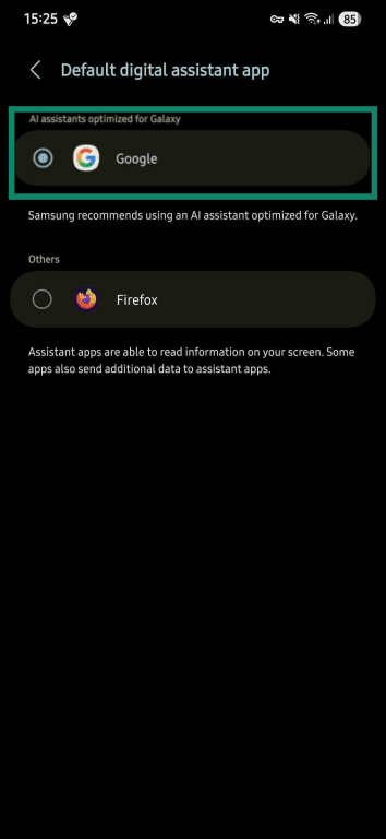 The Samsung default digital assistant app menu, focusing on the Google Assistant choice.