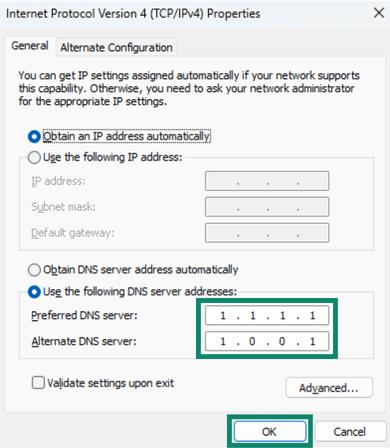 Manually configuring DNS server on Windows.