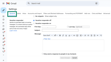 Gmail's settings overview with the General tab highlighted.