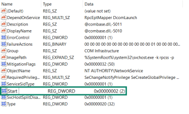 Windows RpcSs folder showing Start at 0x0000002 (2).