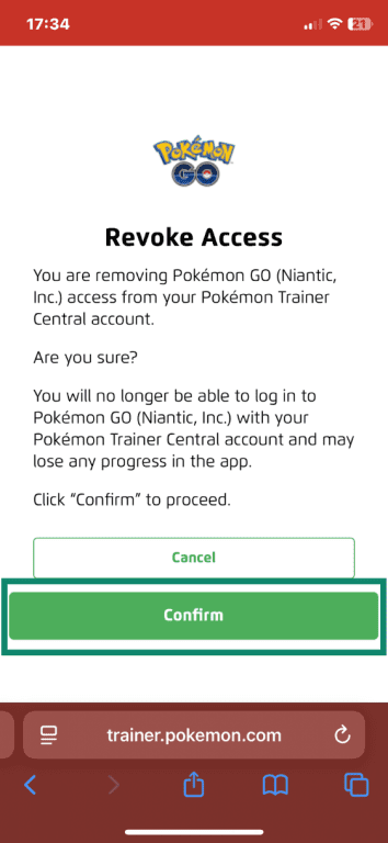 Pokémon Trainer Central Pokémon GO revoke access confirmation message with Confirm button highlighted