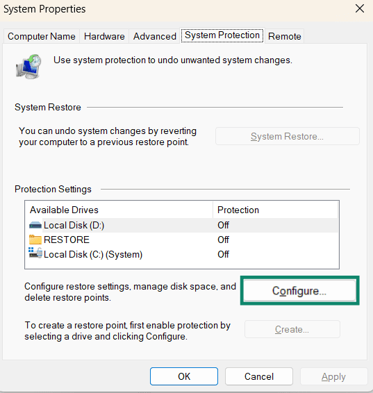The System Restore window, showing the configure button.