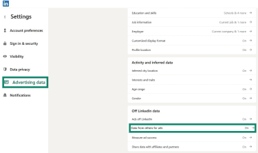 LinkedIn Settings Advertising data tab with Data from others for ads highlighted.