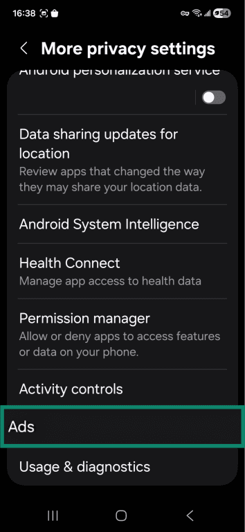 Android More privacy settings menu with Ads highlighted.