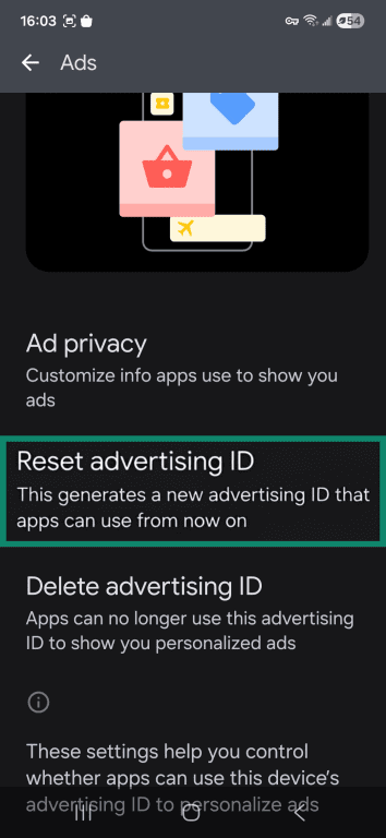 Android Ads settings with Reset advertising ID highlighted.