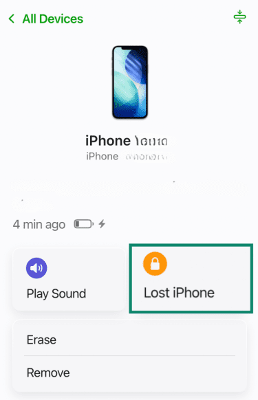 iCloud Find Devices section for an iPhone, with Lost iPhone button highlighted.