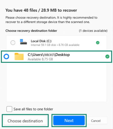 Disk Drill destination folder for recovery.