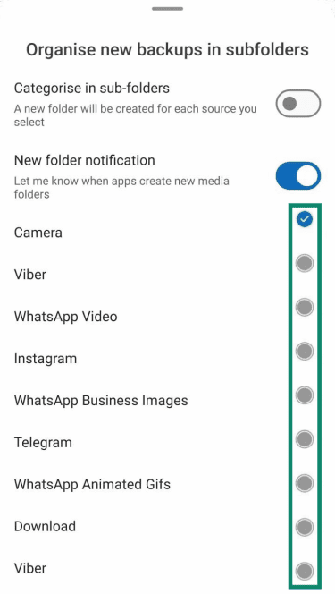 OneDrive folders backup option for Android.
