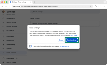 The final dialog box when resetting settings in Chrome, with the Reset settings button highlighted.