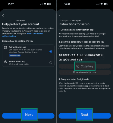 Instagram's key for setting up two-factor authentication.