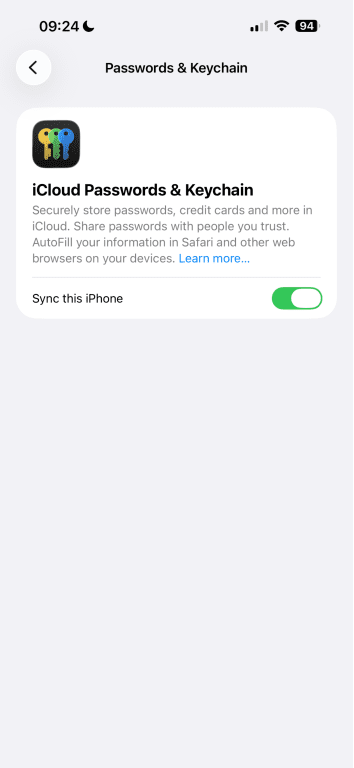 iCloud Password & Keychain settings.