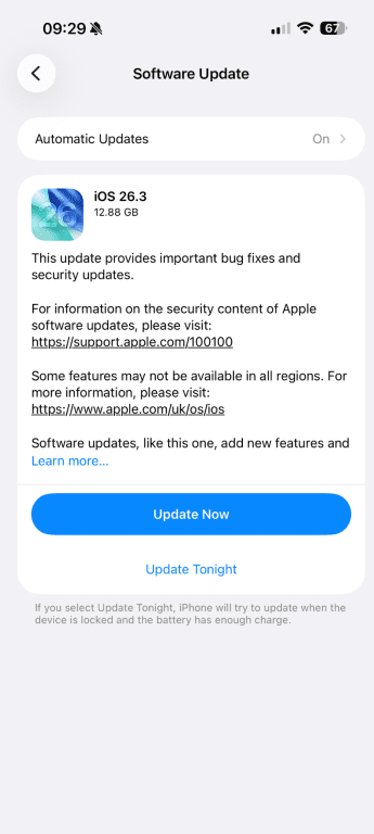 Software update settings on iPhone.