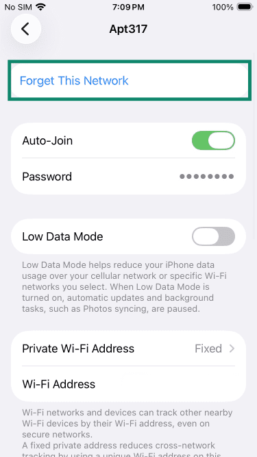 iPhone network settings with Forget This Network highlighted.