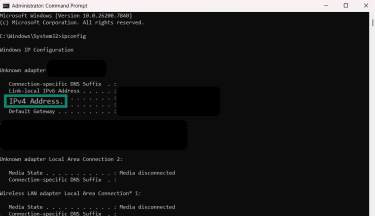 The Command Prompt utility, showing the results of the ipconfig command and where to find the PC's IP address.