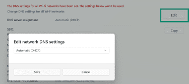 Windows Wi-Fi network properties page showing DNS server assignment set to Automatic and the Edit button highlighted.