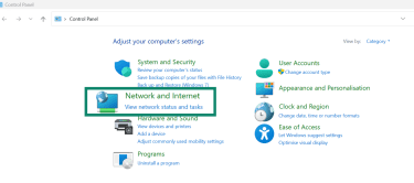 Windows Control Panel (Category view) with “Network and Internet” highlighted.