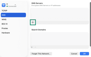 macOS DNS settings with the plus icon highlighted.