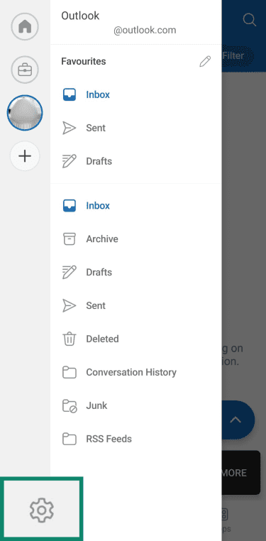 Outlook mobile sidebar menu with Settings highlighted.