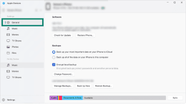 Windows' Apple Devices app interface, showing a connected iPhone.