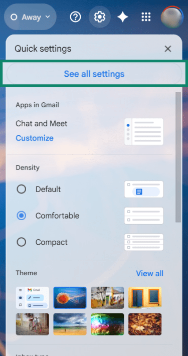 Gmail quick settings panel with See all settings highlighted