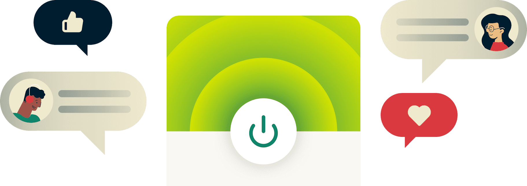 Inzoomad bild av ExpressVPN:s app omgiven av omdömen från användare.