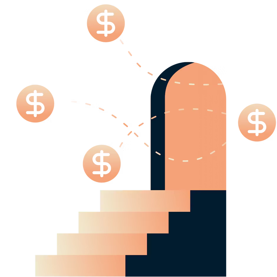Degraus levando a uma porta com sinais de dólar saindo dela.
