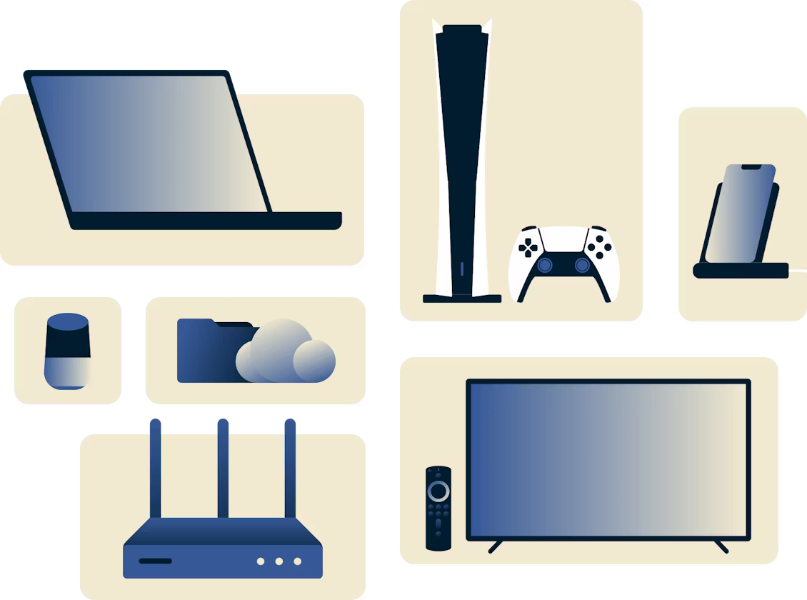 Illustrationer av olika enheter: laptop, smart TV, spelkonsol, smartphone, router