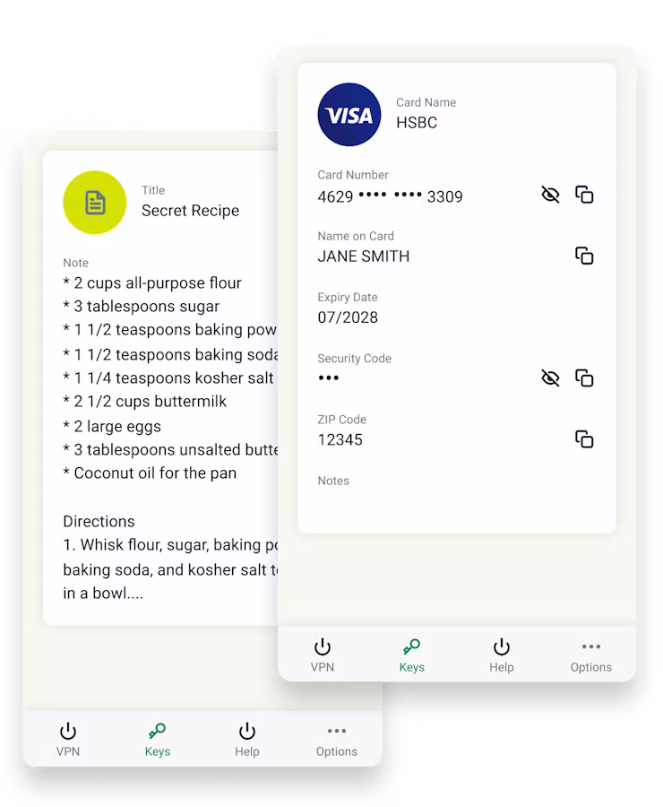 Keys의 보안 메모 및 신용 카드 정보