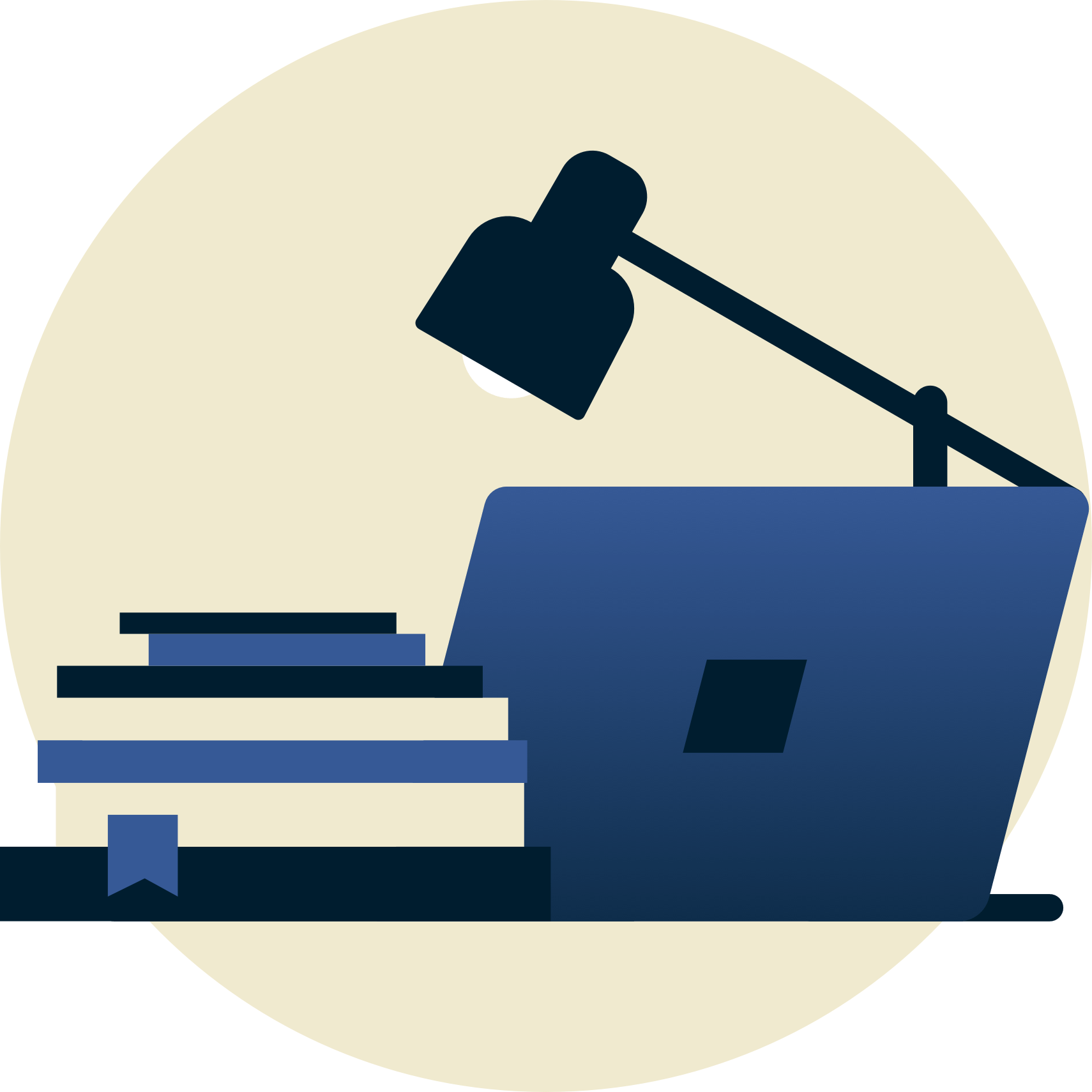 Lampe over skolebøker og laptop vendt bort fra deg.